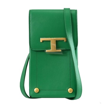 TODS T Timeless 金屬LOGO質感翻蓋斜背手機包.綠