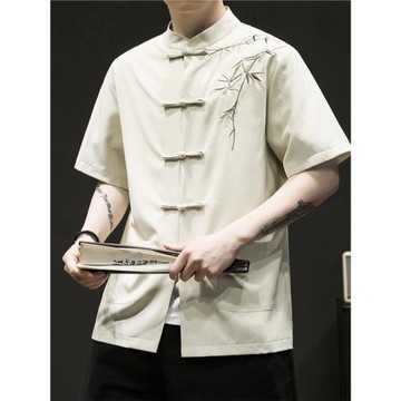 復古刺繡唐裝男中國風夏季薄款冰絲短袖襯衫中式漢服寬松大碼襯衣