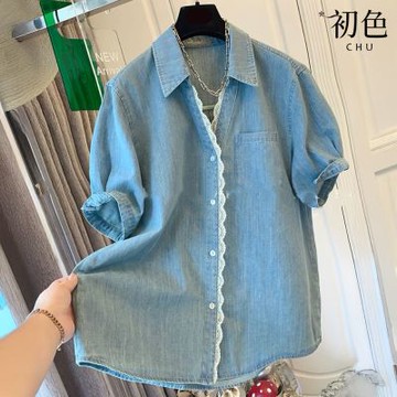 初色 休閒純色短袖翻領蕾絲口袋排扣牛仔襯衫上衣女上衣-藍色-13530(M-2XL可選)