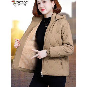 啄木鳥加絨加厚棉服女短款2024新款冬裝中年媽媽洋氣保暖棉襖外套