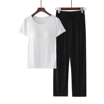 莫代爾柔軟涼感Bra T家居服-長褲套裝-白色