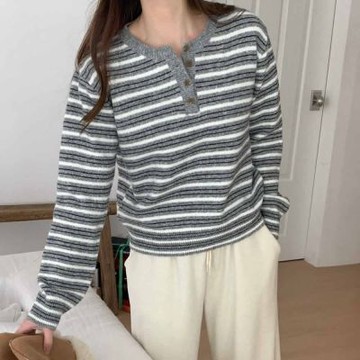 正韓女上衣 圓領條紋長袖針織衫GMT1007-創翊韓都現貨
