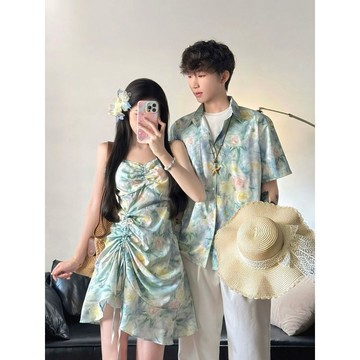 9158 位回購老主顧💜清新水彩印花情侶裝夏季度假風收腰抽繩女連衣裙9JMS