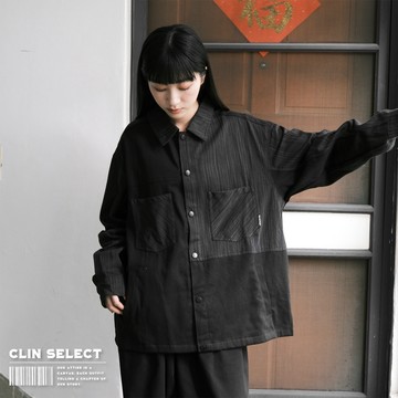 西林 CLIN｜選物｜黑色拼接牛仔襯衫外套_T-0135 中性 口袋 工裝 休閒襯衫 Cityboy 高磅 秋冬