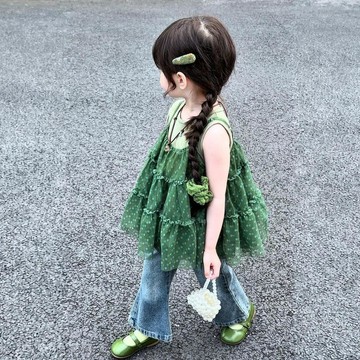 Mini baby🌷夏款綠野仙蹤超顯白復古橄欖綠兩件套紗紗上衣牛仔褲套裝