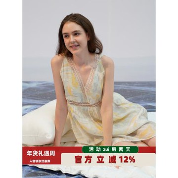 朵朵可可睡衣女2025夏季新款人棉印花性感V領蕾絲吊帶睡裙連衣裙