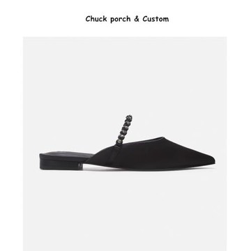 包頭半拖鞋女夏外穿2025新款一字帶平底懶人涼拖寶石鏈尖頭穆勒鞋