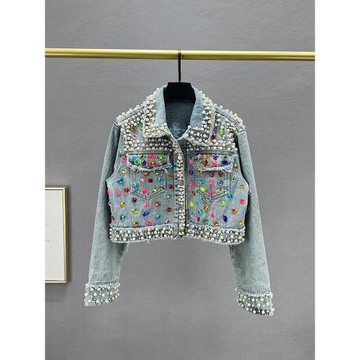 釘珠牛仔外套女潮2024年新款秋季寬松顯瘦歐洲站重工鑲鉆夾克上衣