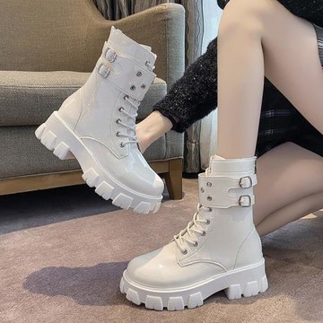 women martin boots plus size 43 拉鏈平底扣帶女靴馬丁靴皮靴