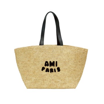Ami 立體黑logo草編肩背托特包(米/黑)
