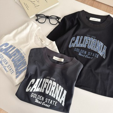 【FJstore】CALIFORNIA 文字 短T 細絨布 短踢 落肩 寬鬆 短版合身 女生短袖 男短袖 女上衣 情侶