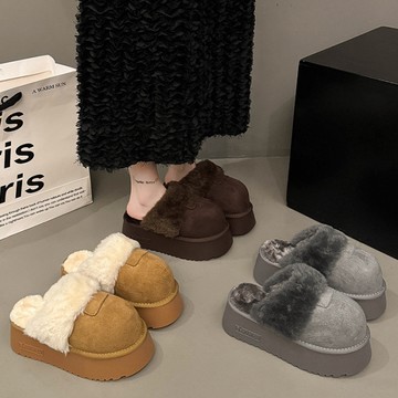 毛毛拖鞋．保暖內刷毛麂皮圓頭厚底穆勒鞋．白鳥麗子