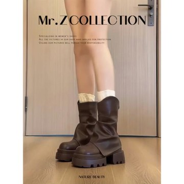 棕色美拉德厚底馬丁靴女款2025新款秋冬加絨短靴增高堆堆褲管靴子