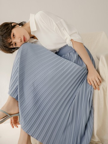 涼感．舒涼雪紡高腰百褶長裙