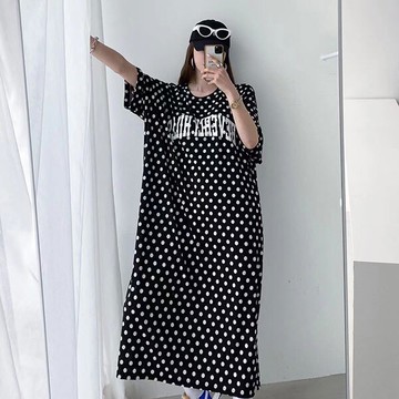 ANNAS 正韓 懶人裙 點點 字母 短袖 洋裝 長裙 長洋裝 休閒運動 螢光色 長版T 韓國
