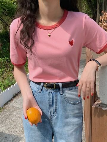 粉色短袖t恤女2022夏季新款刺繡設計感小眾短款純棉修身正肩上衣