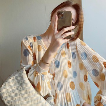 雪紡衫設計感小眾寬松外穿長袖襯衫防曬衣女波點別致開衫上衣夏季新款