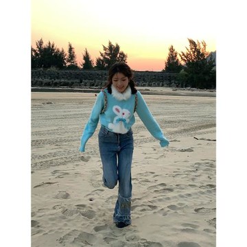 MOF禮物商店 新品提花兔子絲絨帶蝴蝶結藍色毛衣針織衫