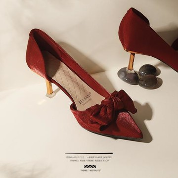 【LKY】真皮綢緞秀禾新娘鞋婚鞋女尖頭細跟高跟鞋蝴蝶結紅色單鞋