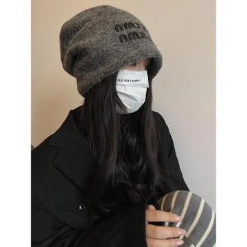 韓版ins大頭圍堆堆帽子女秋冬季字母軟糯毛線針織帽保暖護耳冷帽