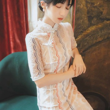 鳳鸞坊改良版年輕款旗袍氣質蕾絲花瓣立領連衣裙女2021年新款夏裝