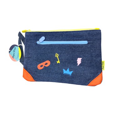 Super Petit 收納袋 刺繡牛仔布雙層口袋設計  舞會  舞會 深藍色 + 藍色 + 橘色  23 x 15 cm