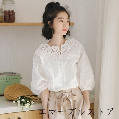 白シャツ ブラウス レディース レースシャツ 春夏 一字襟 透かし彫り 五分袖 おしゃれ 開襟 きれいめ 韓国風 トップス オシャレ ゆったり Ol 通勤 着痩せ 大人 通販 Lineポイント最大get Lineショッピング