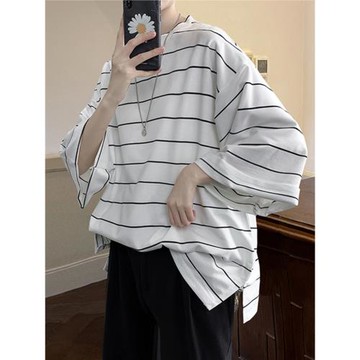 原宿日系條紋短袖t恤男夏季鹽系男友風七分袖設計感小眾開叉半袖