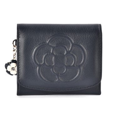 CLATHAS 山茶花烙印LOGO質感皮革壓釦零錢短夾-藍紫色