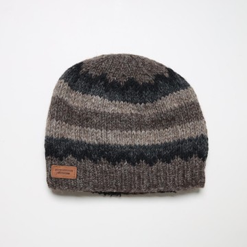 瓜皮咖灰黑條配色純羊毛線手工編織全襯防風毛帽子|北歐風格|聖誕