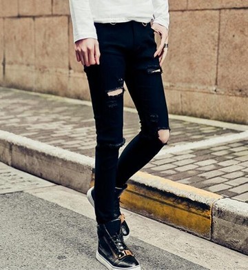 FINDSENSE品牌 男 時尚 街頭 潮 黑 破洞 金屬圈裝飾 牛仔褲 九分褲 小腳褲 窄管褲
