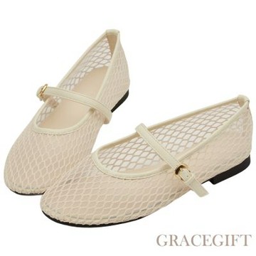 【Grace Gift】名人時尚透膚網面平底瑪莉珍鞋 杏