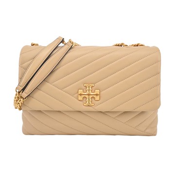 TORY BURCH KIRA 雙T金字LOGO鍊斜紋衍縫翻蓋兩用包-大/奶茶_廠商直送