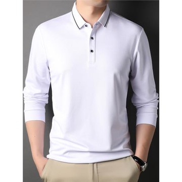 春秋季桑蠶絲長袖t恤男翻領純色polo衫男裝薄款絲光棉體恤大碼潮