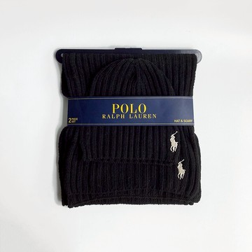 美國百分百【全新真品】Ralph Lauren 圍巾 披肩 RL 冬季 小馬 針織 圍巾 毛帽 組合包 黑色 BK06