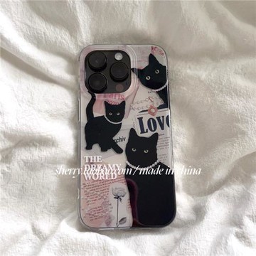 SHERRY*ins高級感復古報紙黑色小貓咪適用于iphone17promax蘋果16小眾15手機殼韓風可愛卡通14情侶夏日新款13