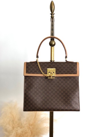 【 日本直送 名牌中古包 】CELINE 經典馬車 logo 手提包 棕色 Gancini PVC 皮革 頂部手柄 vintage b7vuin