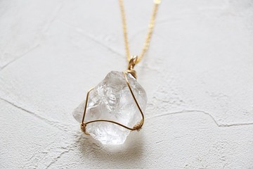 天然白水晶原礦頸鍊 礦石長項鍊 手工繞線 二色選 - 鍍金 / 鍍銀