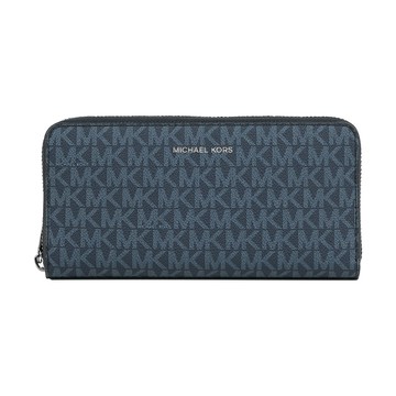 Michael Kors Cooper 銀字滿版塗層帆布ㄇ形拉鍊直式長夾(深藍色)