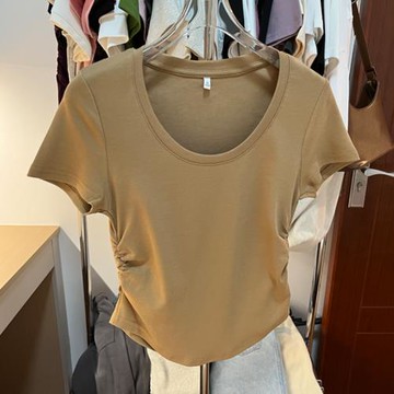 歐貨U領棉質女t恤短袖夏季新款修身褶皺純色短款正肩體恤別致上衣