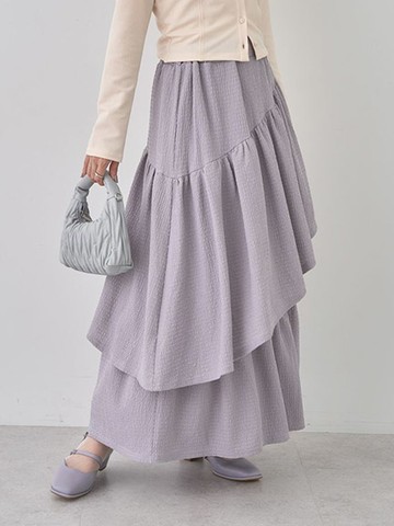 斜分層荷葉摺邊剪裁長裙(1K43L1L0130) - earth music&ecology