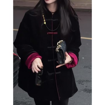 專柜出口大牌秋冬新中式寬松棉衣加棉加厚棉服外套大碼盤扣棉襖女