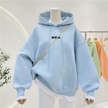 奶油藍衛衣女連帽秋冬2025新款寬松韓版上衣薄款大碼字母加絨外套
