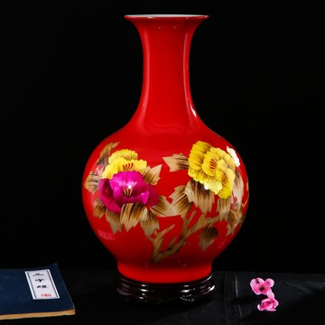 景德鎮陶瓷器新中式牡丹小花瓶家居客廳電視柜插花裝飾品瓷器擺件