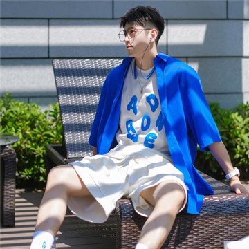 PD大人克萊因藍短袖襯衫男生夏季度假風休閑穿搭多巴胺半袖襯衣潮