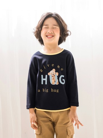 快乾可愛撞色滾邊熊熊字母印花上衣