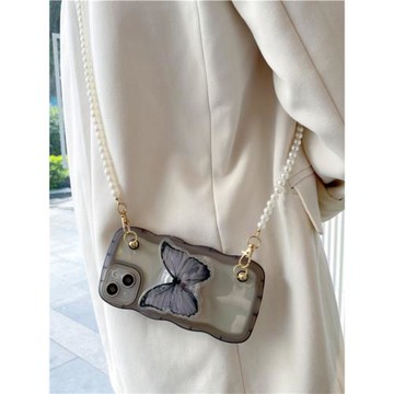 ins風透黑蝴蝶支架適用iphone17promax手機殼蘋果16pro斜跨15珍珠斜挎掛繩13高級感12/11全包xs小眾14pro女款