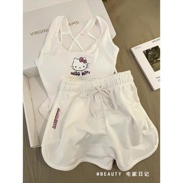 甜美少女HelloKitty帶胸墊吊帶睡衣女夏季交叉美背短褲家居服套裝