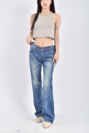 (M) club coo s質感丹寧牛仔棉質低腰刺繡刷色藍色長褲