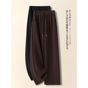 軟糯毛呢闊腿褲女冬季2025新款寬松加絨加厚直筒褲咖色保暖糯米褲